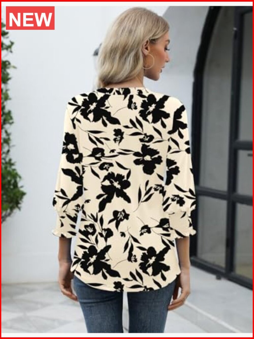 3/4 Sleeve V-Neck Blouse with Ruffle Cuffs - Business Casual - Picture 4 of 7